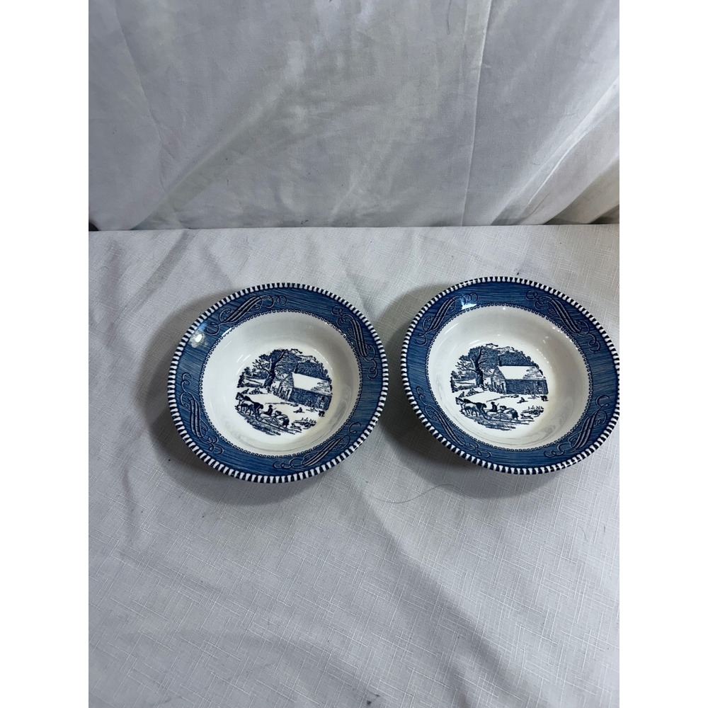 Unbranded Soup Bowls 6.5in Blue White Winter Cabin Sleigh Scene Set of 2